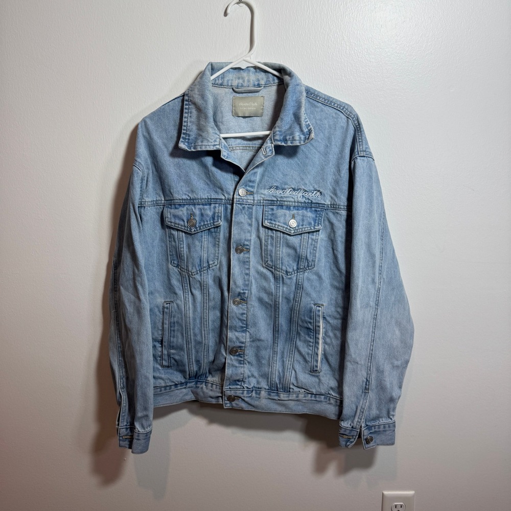 Elevated Faith Denim Jacket Mens L Light Wash Preowned Jesus Embroidered